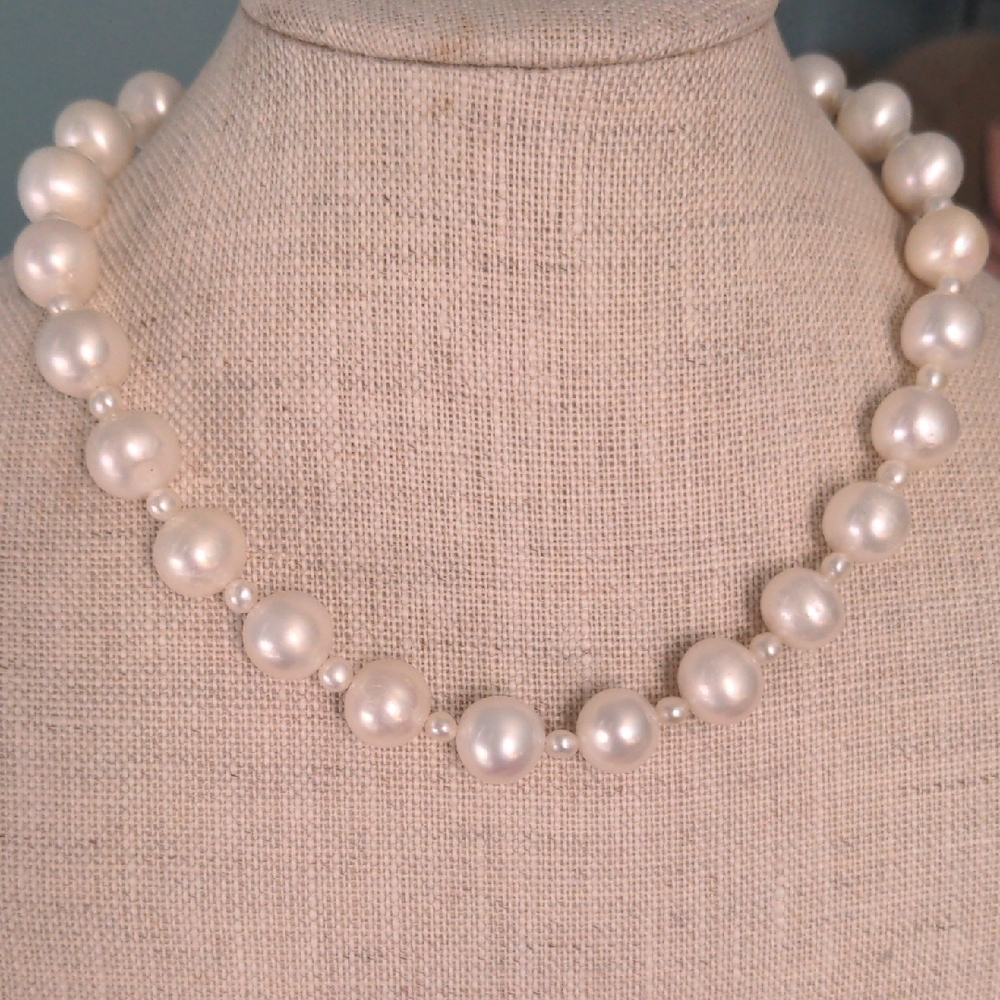Genuine Freshwater Pearl Sterling Silver Choker Necklace, 16", 12 + 4 Mm, White